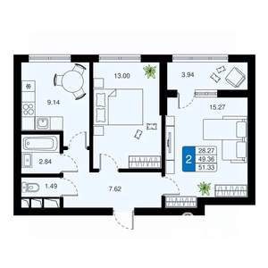2-к квартира, вторичка, 51м2, 19/20 этаж