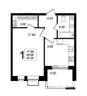 1-к квартира, строящийся дом, 43м2, 2/5 этаж