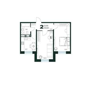 2-к квартира, вторичка, 51м2, 1/9 этаж