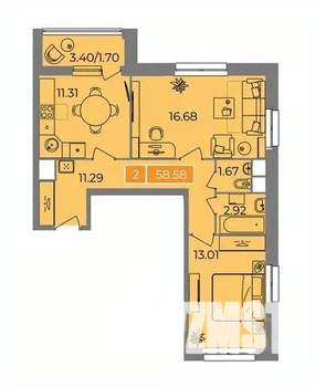 2-к квартира, вторичка, 59м2, 11/22 этаж
