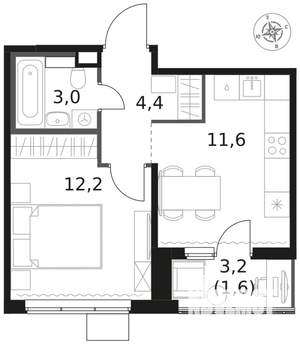 1-к квартира, вторичка, 33м2, 8/8 этаж
