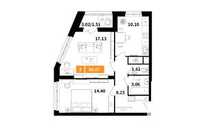 2-к квартира, вторичка, 56м2, 2/14 этаж