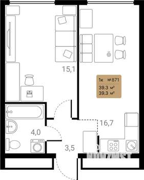 1-к квартира, вторичка, 39м2, 3/28 этаж
