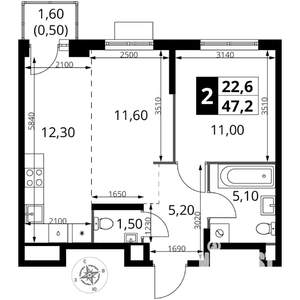 2-к квартира, вторичка, 47м2, 3/8 этаж