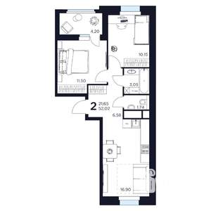 2-к квартира, строящийся дом, 52м2, 5/17 этаж