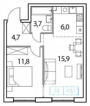 1-к квартира, вторичка, 42м2, 12/18 этаж