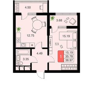 1-к квартира, вторичка, 38м2, 14/20 этаж