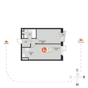2-к квартира, строящийся дом, 43м2, 8/8 этаж