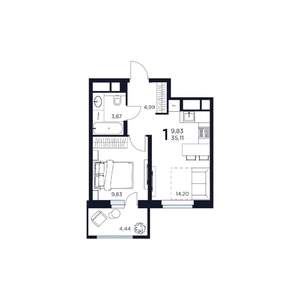 1-к квартира, строящийся дом, 35м2, 10/17 этаж