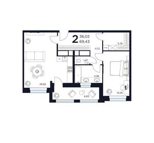 2-к квартира, вторичка, 69м2, 2/15 этаж