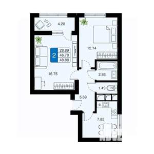 2-к квартира, вторичка, 49м2, 5/20 этаж