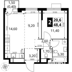 2-к квартира, вторичка, 48м2, 7/17 этаж