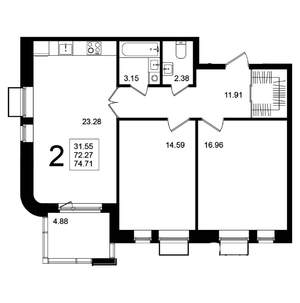 2-к квартира, строящийся дом, 75м2, 4/5 этаж