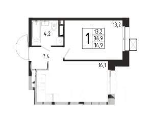 1-к квартира, строящийся дом, 37м2, 1/10 этаж