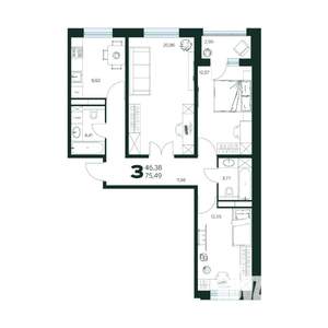 3-к квартира, строящийся дом, 76м2, 2/9 этаж