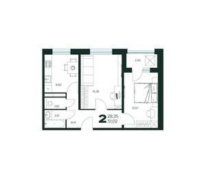 2-к квартира, вторичка, 51м2, 6/9 этаж