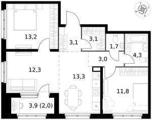3-к квартира, вторичка, 68м2, 1/17 этаж
