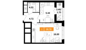 1-к квартира, вторичка, 39м2, 3/9 этаж