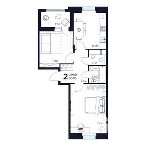 2-к квартира, строящийся дом, 56м2, 16/17 этаж