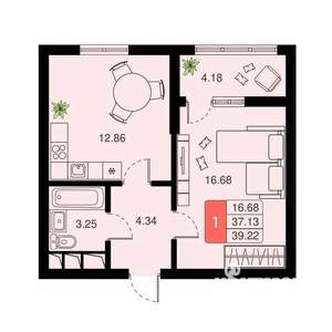 1-к квартира, вторичка, 39м2, 6/20 этаж