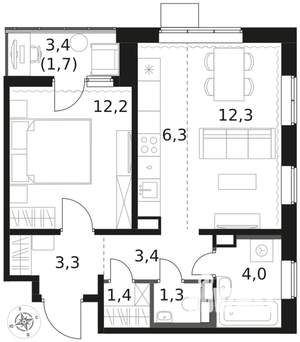 2-к квартира, вторичка, 46м2, 17/17 этаж