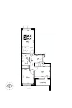 2-к квартира, вторичка, 60м2, 16/17 этаж