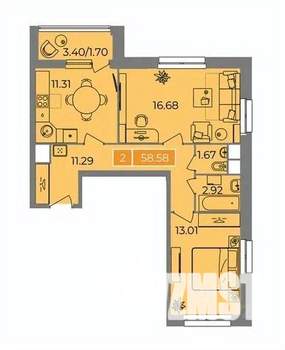 2-к квартира, строящийся дом, 59м2, 6/17 этаж