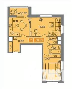2-к квартира, строящийся дом, 59м2, 2/17 этаж