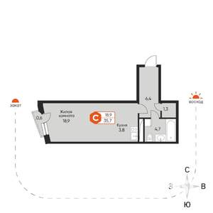 Студия квартира, строящийся дом, 35м2, 3/8 этаж