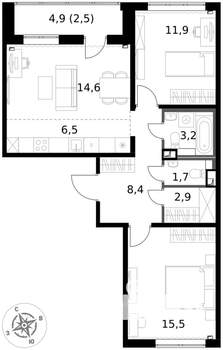 3-к квартира, вторичка, 67м2, 2/17 этаж