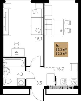 1-к квартира, вторичка, 39м2, 3/28 этаж