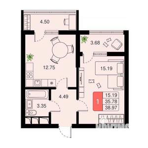 1-к квартира, вторичка, 39м2, 7/20 этаж