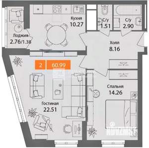 2-к квартира, вторичка, 61м2, 15/17 этаж