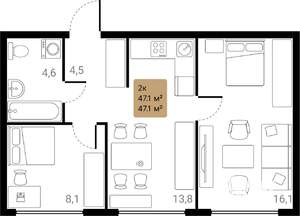 2-к квартира, вторичка, 47м2, 22/28 этаж
