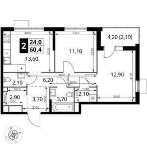 2-к квартира, вторичка, 60м2, 7/8 этаж