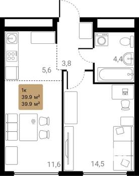 1-к квартира, вторичка, 38м2, 19/28 этаж