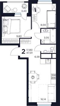2-к квартира, строящийся дом, 47м2, 13/17 этаж