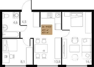 2-к квартира, вторичка, 47м2, 5/28 этаж