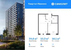 1-к квартира, вторичка, 35м2, 8/17 этаж