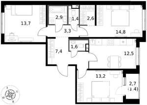 3-к квартира, вторичка, 75м2, 2/17 этаж