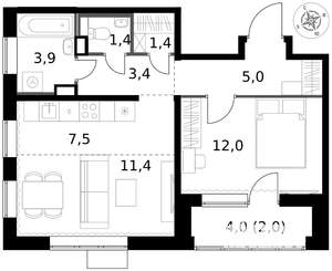 2-к квартира, вторичка, 48м2, 3/17 этаж