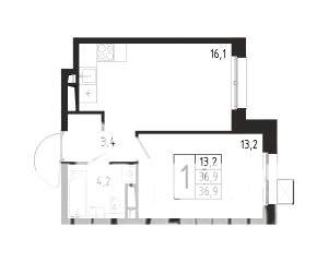 1-к квартира, строящийся дом, 37м2, 1/10 этаж
