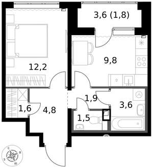1-к квартира, вторичка, 37м2, 2/17 этаж
