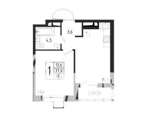 1-к квартира, строящийся дом, 39м2, 2/10 этаж