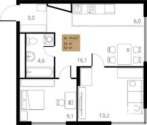 2-к квартира, вторичка, 52м2, 13/28 этаж