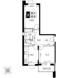 2-к квартира, вторичка, 54м2, 13/17 этаж