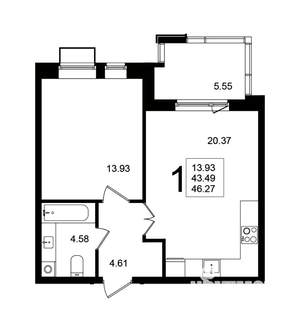 1-к квартира, вторичка, 46м2, 3/5 этаж