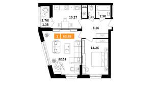 2-к квартира, вторичка, 61м2, 13/14 этаж