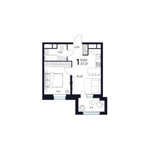1-к квартира, строящийся дом, 37м2, 4/17 этаж