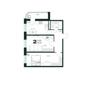 2-к квартира, вторичка, 55м2, 3/9 этаж